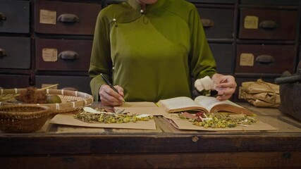 Wall Mural - Cropped shot of female worker writing in book of traditional Asian medicine at table with dried herbs