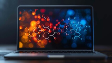 Wall Mural - a close-up shot of a modern laptop with a screen displaying a chemical molecular structure. the back