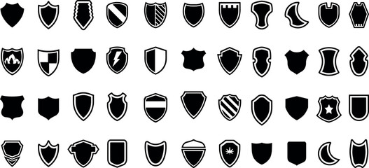 Set of flat silhouette icons of protective shields.