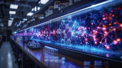 Wall Mural - A modern laboratory with a digital screen displaying colorful molecular structures.