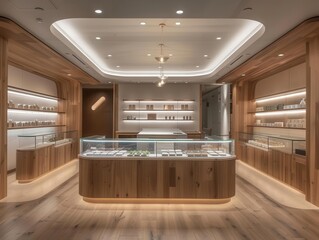 Wall Mural - modern minimalist cannabis dispensary interior clean lines warm wood tones and subtle lighting create an inviting atmosphere sleek product displays showcase carefully curated selections