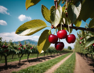 Wall Mural - Sweet and appetising cherries in a sunny orchard, Słodkie i apetyczne wiśnie w słonecznym sadzie