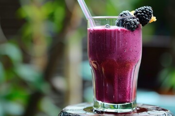 Poster - Glass of blackberry smoothie is sitting on a table outside on a hot summer day