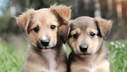 A collection of puppies seated together on a grassy field, backed by a fence