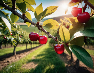 Wall Mural - Sweet and appetising cherries in a sunny orchard, Słodkie i apetyczne wiśnie w słonecznym sadzie