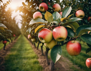 Wall Mural - Sweet and appetising apples in a sunny orchard, Słodkie i apetyczne jabłka w słonecznym sadzie