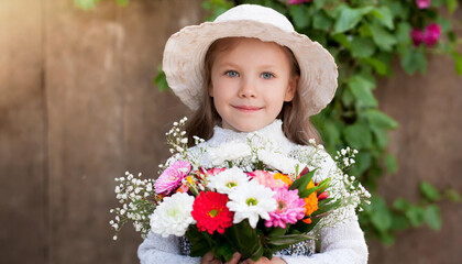 Laughing white caucasian girl 2 years old with blond hair with a bouquet of lavender in her hands in a white dress on a white background during the holiday. Copy space for your text