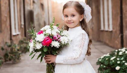 Laughing white caucasian girl 2 years old with blond hair with a bouquet of lavender in her hands in a white dress on a white background during the holiday. Copy space for your text