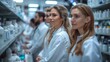 © Emiliia - Pharmacists stand in a line in front of shelves of medications in a pharmacy. They are all wearing white coats and looking forward.