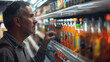 © VK Studio - A man carefully selects a beverage from a well-stocked store aisle, showing attentiveness and choice during his shopping trip.