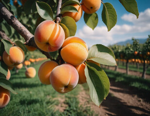 Wall Mural - Sweet and appetising plums in a sunny orchard, Słodkie i apetyczne morele w słonecznym sadzie