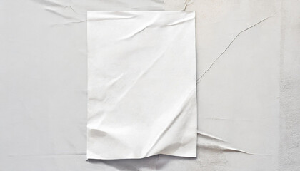 Wall Mural - real image white paper wrinkled poster template blank glued creased paper sheet mockup white poster mockup on wall empty paper mockup