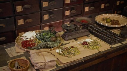 Wall Mural - Table with traditional Asian dried herbs, scales, packages and ingredients at alternative medicine drug store, no people