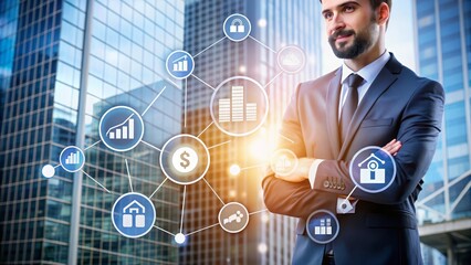 Poster - Businessman with Financial Growth and Security - A businessman stands confidently in front of a cityscape, with a digital network of icons representing financial growth and security. The image embodie