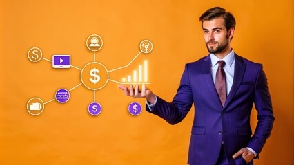 Poster - Businessman Holding a Financial Growth Chart - A businessman in a suit holding a financial growth chart with icons representing various business aspects. The chart symbolizes successful financial grow