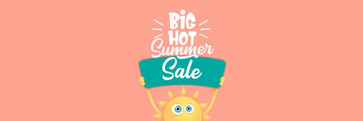 Wall Mural - Summer Sale horizontal wide web banner. summer happy sun character holding sign or banner with special offer sale text isolated on soft pastel pink horizontal background. Summer sale