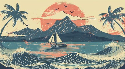 Poster - Seamless pattern featuring hand-drawn summer island scenes with palm trees, waves, boats, and mountains.