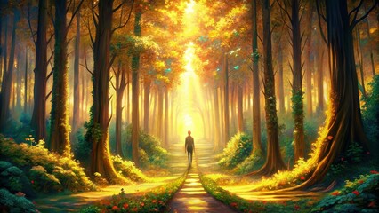 Poster - A Path Through the Golden Forest - A person walks along a path in a forest bathed in golden sunlight. The trees are tall and lush, and the light creates a magical atmosphere. - A person walks along a 