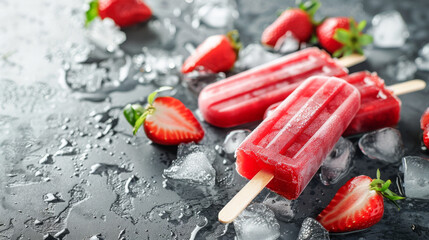 Canvas Print - Fresh strawberry popsicles on a bed of ice, surrounded by scattered strawberries, creating a refreshing and appetizing summer treat.