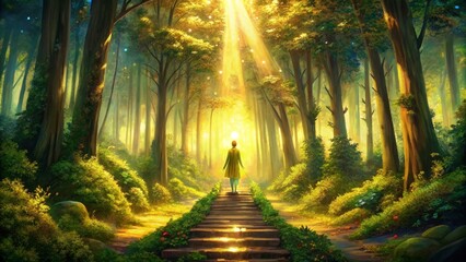 Poster - Journey Through The Enchanted Forest - A solitary figure walks towards a bright light at the end of a path through a lush, enchanted forest. - A solitary figure walks towards a bright light at the end