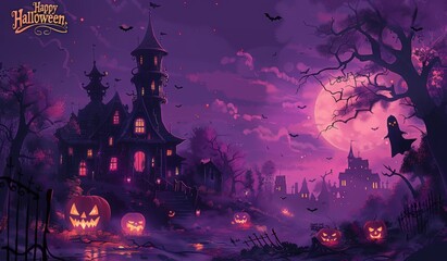 Wall Mural - Happy halloween banner or party invitation background with violet fog clouds and pumpkins
