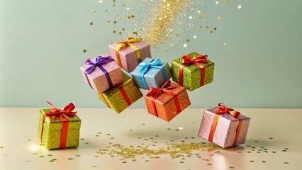 Sticker - Colorful Gift Boxes Falling with Glitter - A collection of colorful gift boxes falling and scattering glitter, creating a joyful and festive atmosphere. - A collection of colorful gift boxes falling a