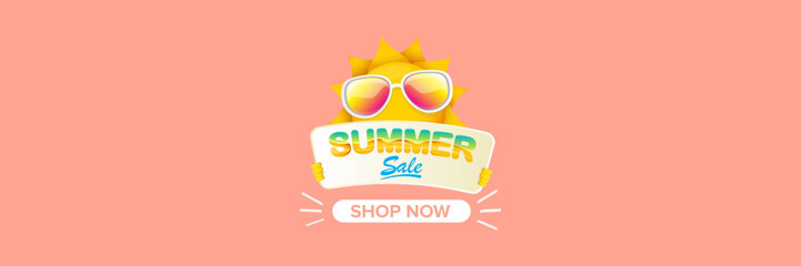 Wall Mural - Summer Sale horizontal wide web banner. summer happy sun character holding sign or banner with special offer sale text isolated on soft pastel pink horizontal background. Summer sale