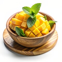 Poster - Fresh Mango and Mint Salad - A wooden bowl filled with fresh mango cubes, garnished with mint leaves. The mango is yellow and the mint is green. It looks like a healthy and delicious snack. - A wooden