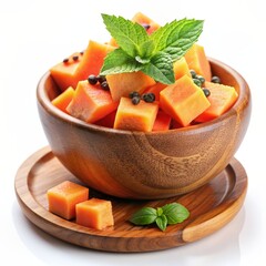 Poster - Papaya Salad with Mint - Fresh papaya salad with mint in a wooden bowl on a wooden plate.