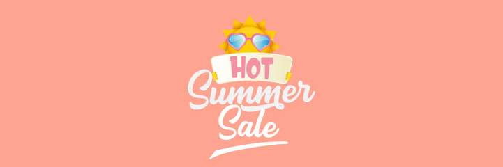 Wall Mural - Summer Sale horizontal wide web banner. summer happy sun character holding sign or banner with special offer sale text isolated on soft pastel pink horizontal background. Summer sale