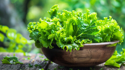 Wall Mural - A ceramic bowl filled with fresh, vibrant lettuce on a wooden table, evoking a sense of organic simplicity and the joy of healthy eating.