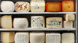 © Meritxell Cid - A variety of cheeses are displayed on a shelf, including some that are white