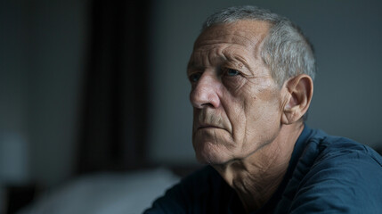 Wall Mural - A man with a bald head and gray hair is sitting on a bed