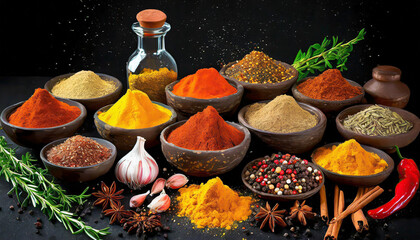 Powdered spices against black background