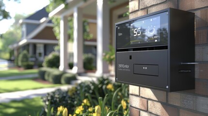 Poster - A black smart home thermostat is mounted on a brick wall. The digital display shows the current temperature, 55 degrees.