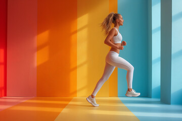 A woman in a light blue and white sports outfit is running against a colorful background with vertical stripes of orange, yellow, and blue.