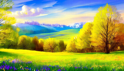 Wall Mural - Spring landscape. Fresh foliage, grass. Nature comes to life. spring background for the product