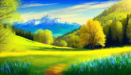 Wall Mural - Spring landscape. Fresh foliage, grass. Nature comes to life. spring background for the product