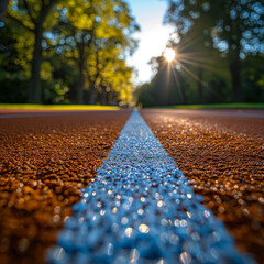 A close-up of a running track with a blue line down the middle, taken in a park during sunset. The sunlight filters through the trees, casting a warm glow over the track and emphasizing its texture.