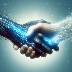 An abstract illustration of Businessperson shaking hand with digital partner