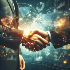 A abstract illustration of handshake with a digital network overlay represents connectivity and global business concepts