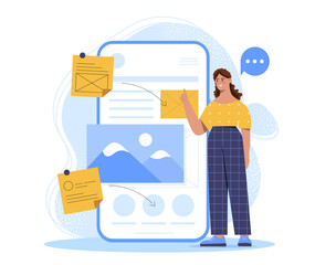 Woman with UI and UX design. Young girl near smartphone screen develops application and program. Graphic designer and freelancer. Cartoon vector illustration isolated on white background