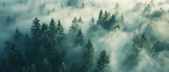 Wall Mural - misty forest aerial photograph with pine trees: foggy, atmospheric nature background