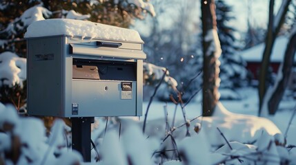 Poster - A silver mailbox covered in snow sits in a snowy yard with bare branches and trees in the background.
