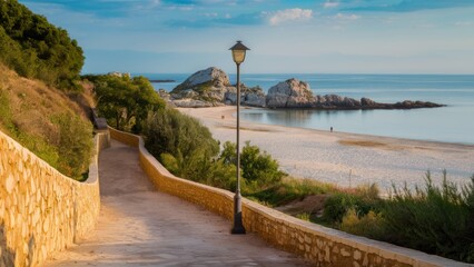 Poster - A light pole on a path leading to the beach and ocean, AI