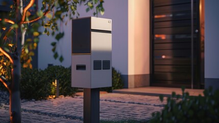 Poster - A modern mailbox with a sleek design stands outside a home in the evening light.