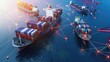 © MAGNIFIER - Digital visualization of shipping network with interconnected container ships, network, global logistics pathways