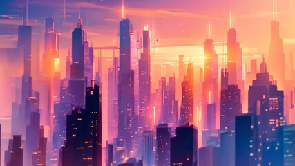 Sticker - A futuristic cityscape with tall skyscrapers and neon lights glowing against the setting sun, Generate a futuristic cityscape with piercing skyscrapers