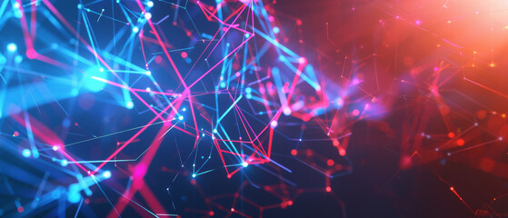 Wall Mural - Abstract networks of red and blue digital lines intertwine in a futuristic display, illustrating a conceptual web of connectivity and data.