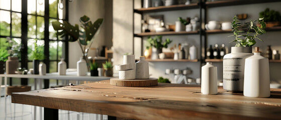 Wall Mural - A rustic modern kitchen with wooden countertops and shelves adorned with potted plants, jars, and stylish decor under soft natural light.